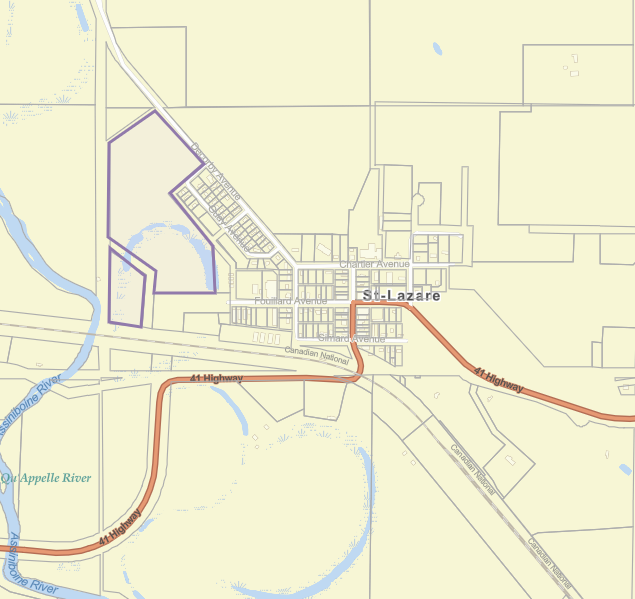 Map indicating the property that is the subject of the variance public hearing on the northwest corner of St. Lazare, Manitoba.