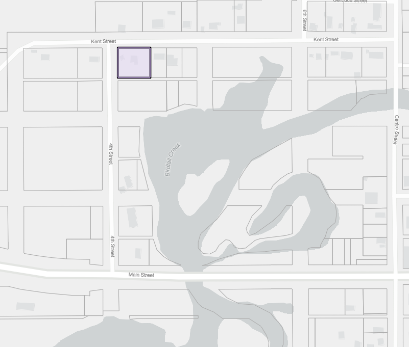 Aerial view of a part of Birtle showing the location of 408 Kent Street. The property is part of the application for a variance #01-PV-25-VO.