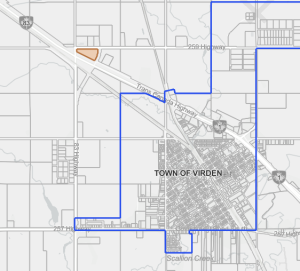 Area map showing the property in relation to the Town of Virden for variance 2026-199-067-DV. Valleyview Co-Op.